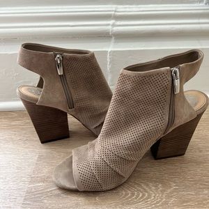 Vince Camuto tan suede laser cut sling back bootie block heel peep toe.